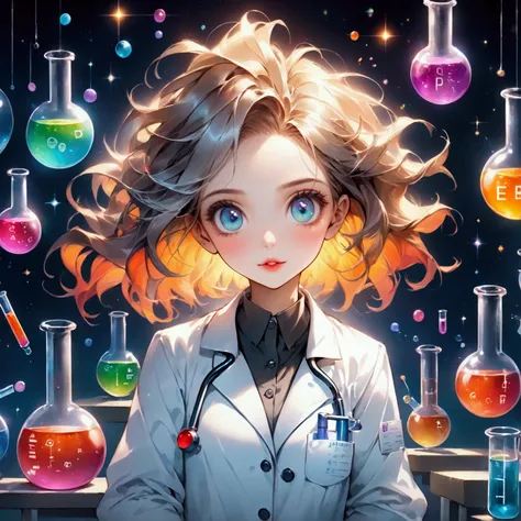 cute chemistry mascot, 1girl, beautiful detailed eyes, beautiful detailed lips, extremely detailed face and hair, lab coat, beak...