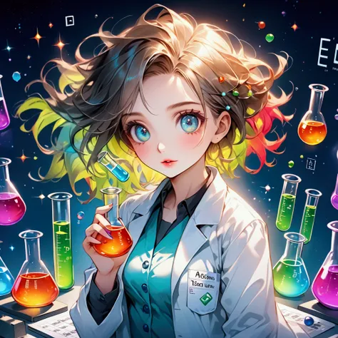 cute chemistry mascot, 1girl, beautiful detailed eyes, beautiful detailed lips, extremely detailed face and hair, lab coat, beak...