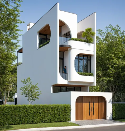 a high and narrow 3-storey house with a modern design, featuring a steel gate and wooden details. the exterior is painted white ...