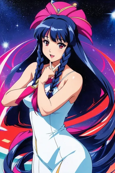 Lynn Minmay, One girl, alone, Full Color、colorful, Braiding, View your viewers, dress, Long Hair, Traditional Media, sign, bangs, compensate, with own hands, Black Hair, Upper Body, lipstick, Drill Hair, artist name, twin Braidings, Bridal Gauntlet, No sle...