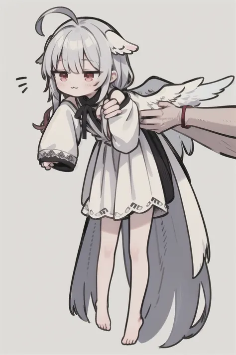 little,:3,whole body,ahoge,incrslcmsolo,long body,sundress,  long hair, red eyes, gray hair, (sleeves are longer than the wrist:...