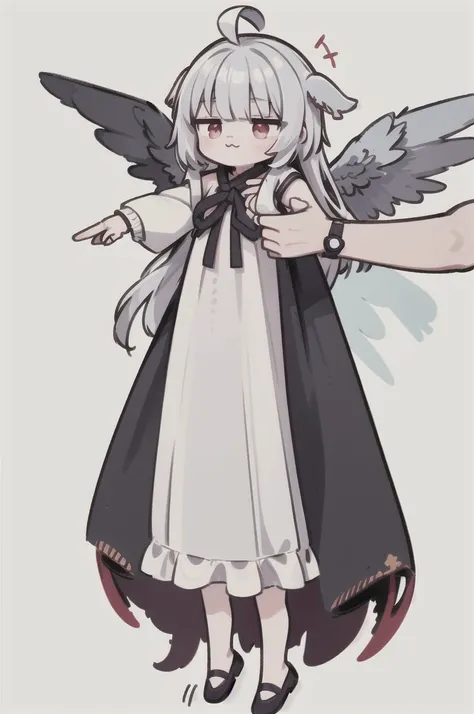 little,:3,whole body,ahoge,incrslcmsolo,long body,sundress,  long hair, red eyes, gray hair, (sleeves are longer than the wrist:...