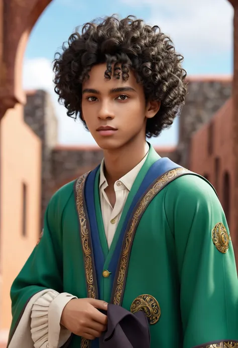 (masterpiece, high quality, Detailed CG 8k wallpapers and beautiful illustrations) Miguel, A young and talented Afro-Latino wizard: dark, Thin, curls, 17 years old, heterochrony, (main character).