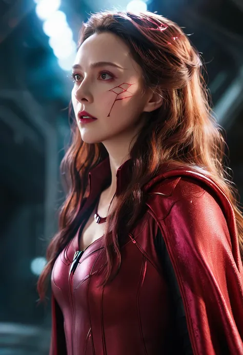 Scenes, Close-up of Scarlet Witch in Marvel, Distorted space, distorted undead in the background, lens flare, Optical axis, Intricate details, High Detail, Volumetric Lighting, 4k Rendering, picture, Surrealism, Realistic textures, Dramatic Lighting, Unrea...