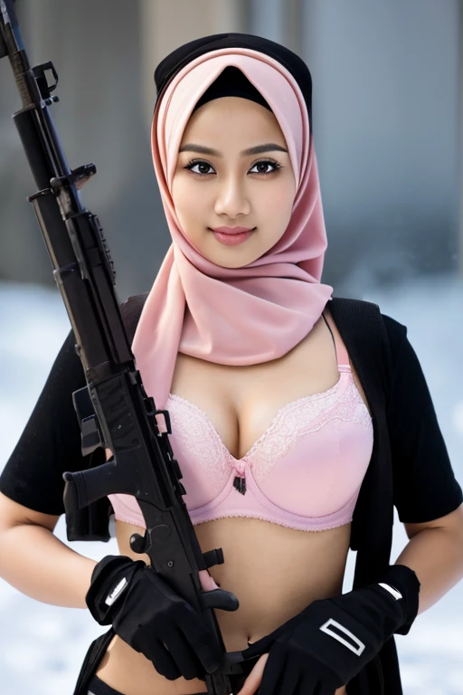 RAW, Best quality, high resolution, Masterpiece: 1.3), Beautiful Malay woman in hijab, Masterpiece, Perfect body, small breasts, Beautiful big eyes, watery eyes, Soft smile, ((wearing pink bra)), ((best quality)), ( masterpiece), photorealistic, photoreali...