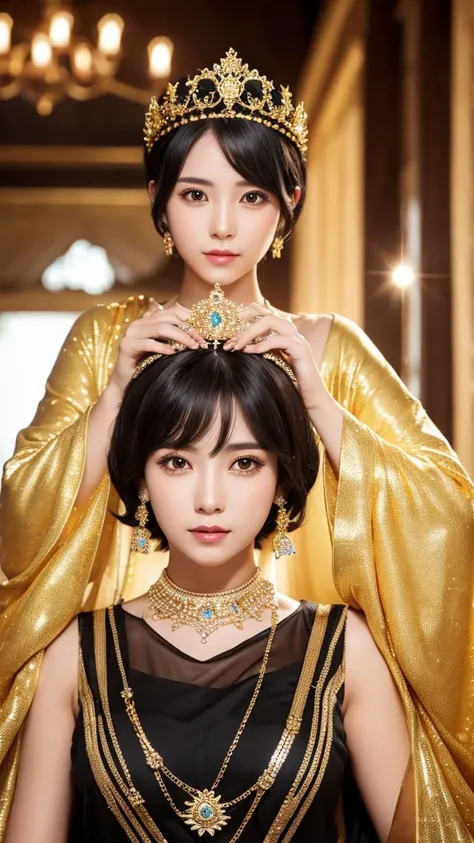 goddess　Golden Clothes　Sparkling　accessories　crown　Black Hair　short hair　gorgeous　Facing forward