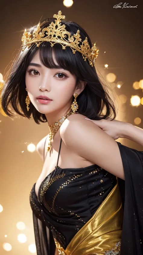 goddess　Golden Clothes　Sparkling　accessories　crown　Black Hair　short hair　gorgeous　Facing forward