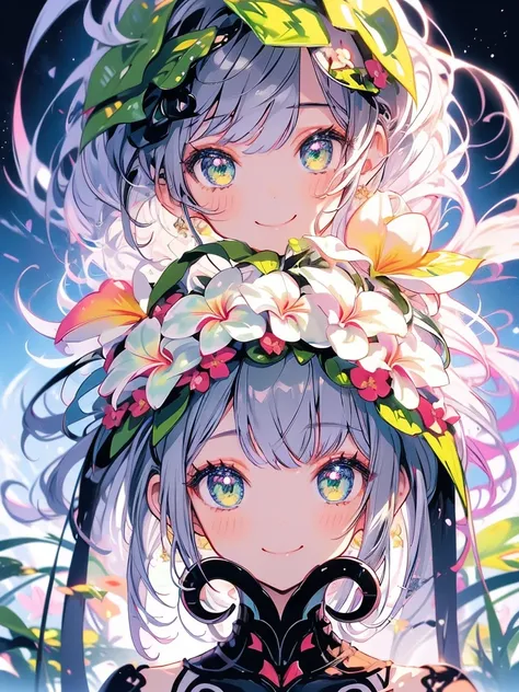 masterpiece、smile、Anime Girls, Gray Hair、 Green Eyes、可愛いAnime Girls、smile、(White Plumeria))、Fractal Art、Gwaiz、garden、Flower garden