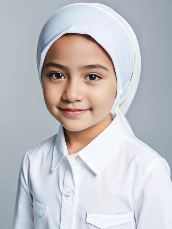 adorable, 1 girl, (face to face), 10 years old, baby face, happy, full body portrait, (face details: 1), (eye details: 1), ((small breasts)). wearing white long shirt, hijab, .. Cute posed. proportional body. Ultra High Res. realistic: 1.4, UHD