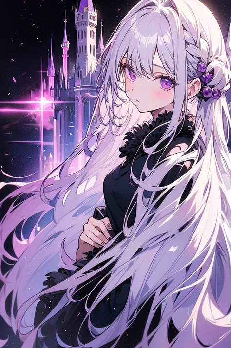 A girl in her late teens with long white hair and amethyst eyes wearing a sleeveless open top white dress with dark purple tints and a dark purple short skirt in a anime art style with a castle hallway background as a close up face pic 