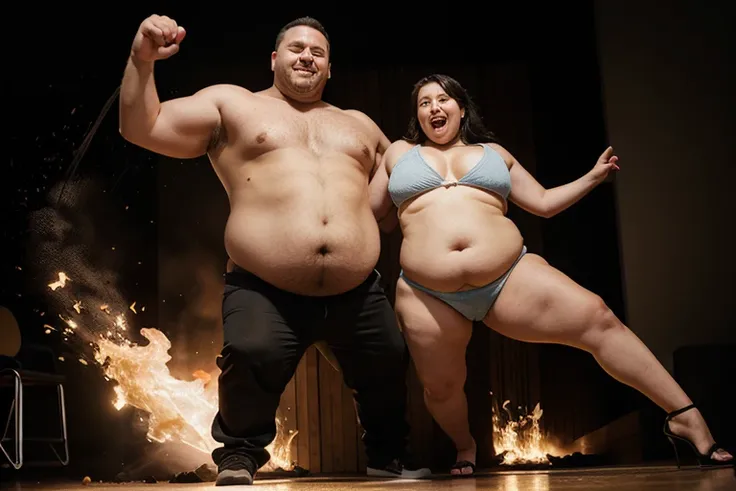 a big belly man and a big belly woman, energetic, full body shot