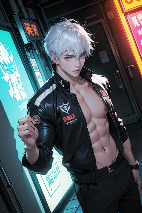 (absurdres, highres, ultra detailed, anime style), 1boy, adult, handsome, tall muscular guy, broad shoulders, finely detailed eyes and face, silver hair, short hair, hair between eyes, dark brown eyes, holographic, triad guy, shirtless, portrait, intense r...