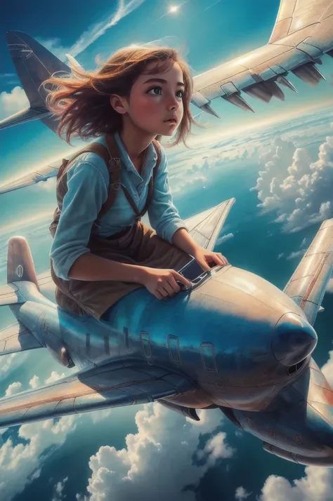 (masterpiece:1.2), (best quality:1.3), highres, ultradetailed, vibrant colors, 1girl, riding on a  airplane, cloudy sky,