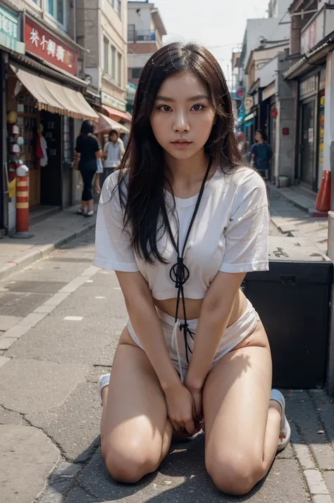 Beautiful Chinese woman，White Korean，Black rope tied hands，Street Background，full-body shot，big eyes，Vivid colors，Medium shot，Natural light，No Expression，Feeling，Street style，Long legs，Kneeling on the ground
