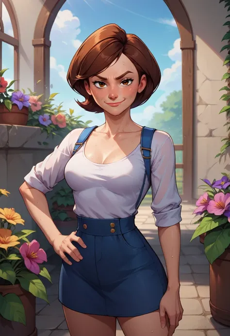 score_9, score_8_up, score_7_up, score_6_up, BREAK Helen Parr, medium breasts, smirk,one hand on hip, sweating, in a flower garden, looking at viewer