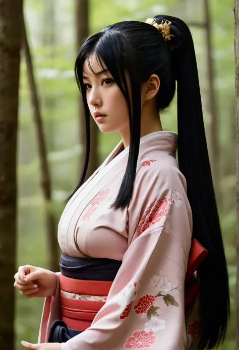 masterpiece, Highest quality, Ultra-high resolution, Very detailed, Long black hair, ponytail, Brown eyes, Huge breasts, Wide Hips, Samurai Girl, Kimono with see-through nipples,  Young people, 1 girl, alone, takeda hiromitsu style, blush, beautiful, fores...