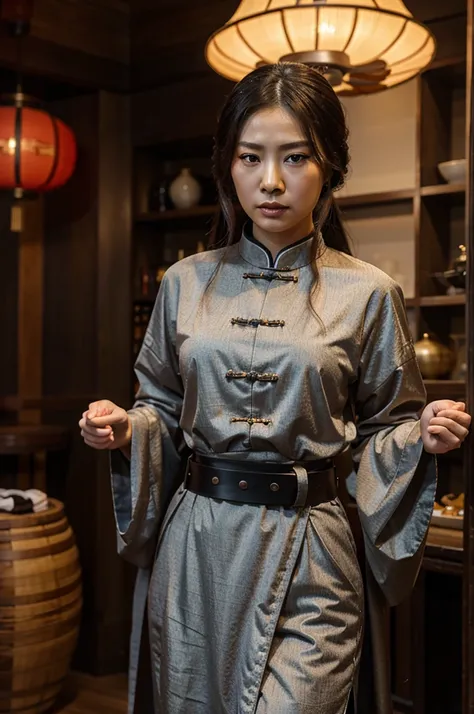 Chinese mistress holding belt，Expression of disdain