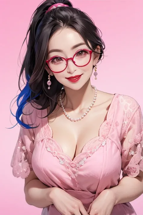 Beautiful mature Japanese woman aged 55, One woman, Married women, Long eyelashes, Low Ponytail, Hair fluttering, Red lipstick, Pink Cheeks, Pearl Necklace, Earrings, Dark eyeshadow, Cleavage, Colorful one-piece dress, Beautiful body, Beautiful smile, wear...