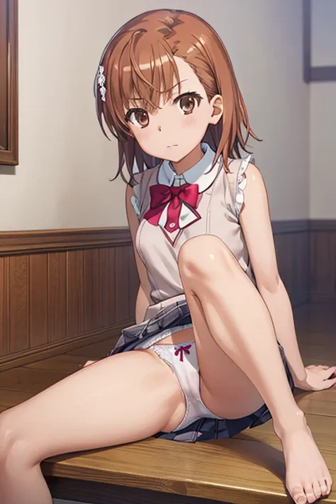 (((pixel perfect, detail perfect))), alone, 1 girl, Misaka Mikoto, tokiwadai , bow, looking at the viewer, closed mouth, whole body。White panties、スカートたくし上げ