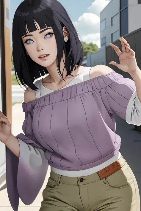 master part, absurdos, Hinata(Boruto), 1girl, sozinho,Mature female, Capuz roxo,mangas em camadas, brown pants, ao ar livre, Cloudy sky, perfect composition, circunstanciado lips, peito grande, beautiful face, body propotion, corar, (pink lips), cabelos pr...