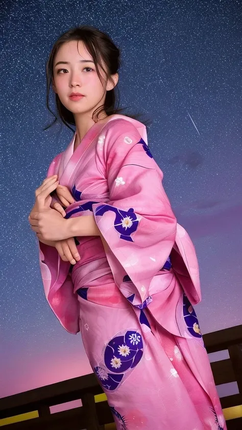 Million Dollar Night View　Beautiful face like an actress　Pink Yukata　Night Sky　Starry Sky　綺麗なStarry Sky　
