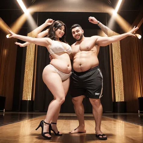 a big belly man and a big belly woman, energetic, full body shot