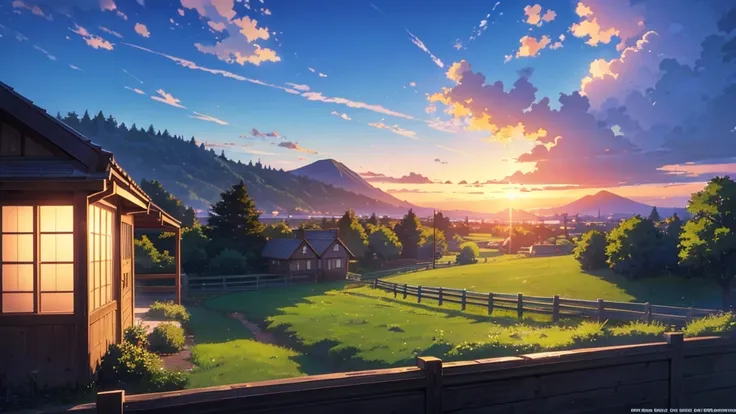 anime landscape with a house and a fence in the foreground, concept art by Makoto Shinkai, pixiv, conceptual art, anime countryside landscape, anime background art, anime landscape, studio glibly makoto shinkai, anime landscape wallpaper, beautiful anime s...