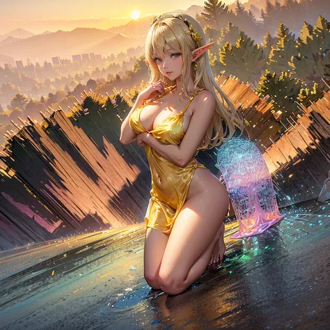 A sun elf, wearing only a sheer golden silk negligee greets the dawn kneeling and praying on a high mountain flower garden
