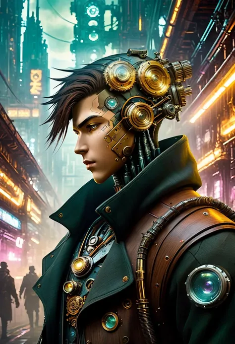 (((Cybernetic boy))) adorned with steampunk elements, blending seamlessly into a cyberpunk environment, (mysterious) and (dystopian) ambiance, (masterpiece) of digital art