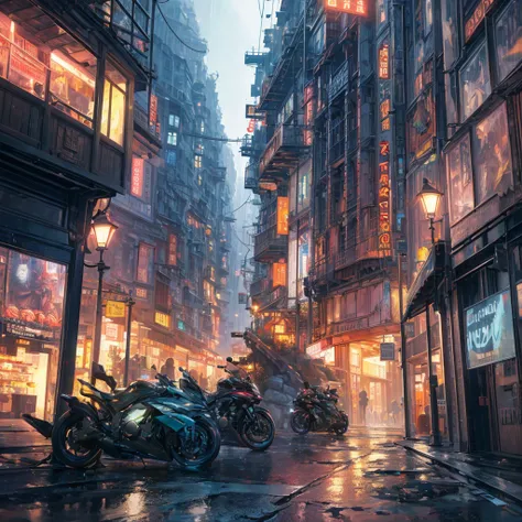 ((masterpiece)),((Highest quality)),((Attention to detail)),((Realistic,)) Future City, There is a deep canyon in the middle, Architecture Street, Bazaar, bridge, cyber punk, European architecture, Rainy night, neon, Futuristic bikes