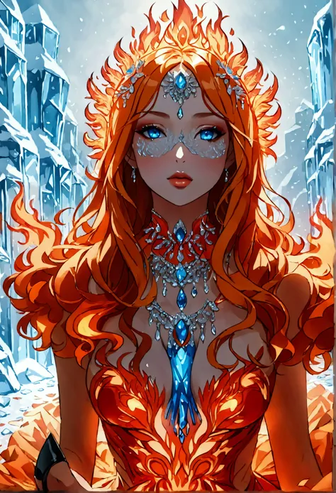 a glamour picture shot, of an elite model covered in fire walking on a icy catwalk, an extraordinary glamourous elite female model, ((full body: 1.5)), ((anatomically correct: 1.5), (ultra detailed face: 1.2), best detailed face, orange hair, long hair, l...