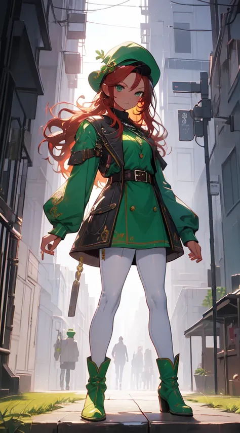 (((work of art, best qualityer))),  (Leprechaun), (1 girl), standing alone,  bangss,  red hair，White Cyber Skull Armor，long black pantyhose，Handsome standing in white boots, art style by Artgerm, Lt. Kawacy, by Yusuke Murata