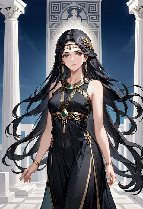 Mature Girl with long black hair with silver highlight, dark onyx eyes,tall rectangular body figure, greek clothes