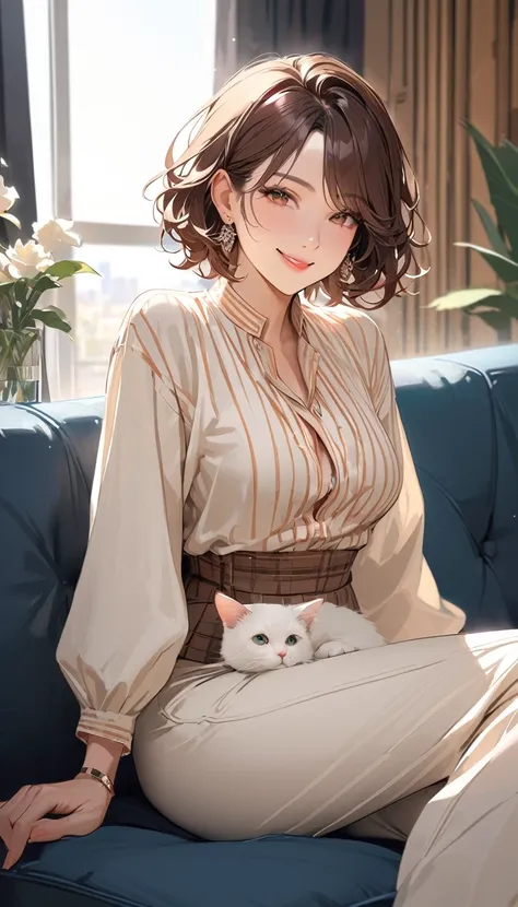 super detail, best quality, a woman , Brown short hair, smile, Mature Woman, Stylish clothing,  (Sitting on the couch), Holding a cat on one&#39;s lap, 