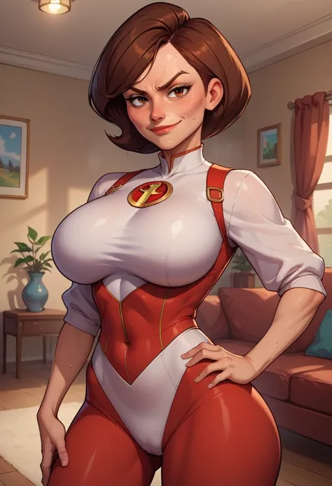 score_9, score_8_up, score_7_up, score_6_up, BREAK helen parr, wearing millitary outfit, big breasts, evil smirk,one hand on hip, sweating, in a living room, looking at viewer