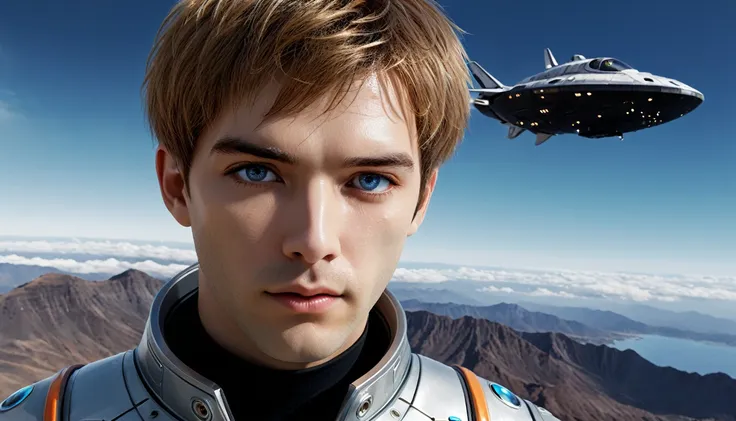 highest quality、masterpiece、ultra high resolution、(real:1.4)、Beautiful man AI、Beautiful details of eyes and skin、light brown short cut hair、perfect space suit、spaceship、macrocosm、Remains、rocky mountain、cloudy sky、ai doctor、holographic monitor、spaceship med...