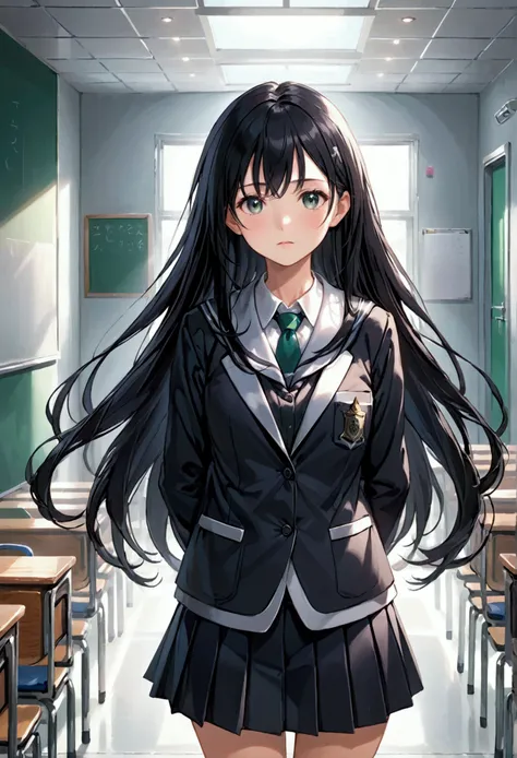 Mature Girl with long black hair with silver highlight, dark onyx eyes,tall rectangular body figure, school girl uniform