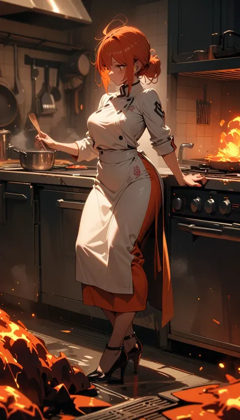 ((best quality)) , ((masterpiece)) , (detailed)，1 female，(((magma)))，kitchen，Female chef，High heel，((whole body))