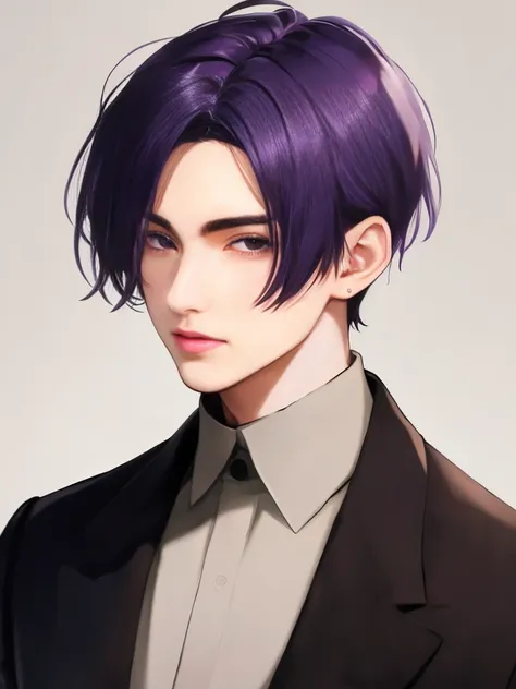 high resolution, dark purple hair, dark purple eyes., masterpiece, male, age21, black eye contour,