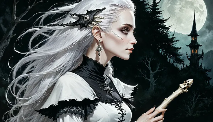 Woman, 30years, caucasiano, grey-eyed, White hair, witch, profile image, face with bone detail, bone detailed white clothing, Black Forest Background.