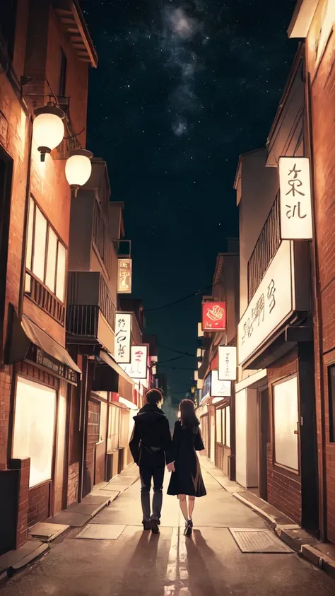 Create an anime-style image of a late-night city scene. The streets are quiet and the city lights are softly blurred, giving a melancholic feel. A person is walking alone with headphones, reminiscing about a past love. Their expression is wistful and nosta...