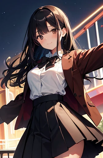 masterpiece, Highest quality, High resolution, 1 girl, Black Hair, Long Hair, bangs, Brown eyes, Medium chest, Red bow tie, , Black jacket, Open jacket, Brown cardigan, White shirt, Black Skirt, Checked skirt, smile, Open your mouth, Put your arms behind y...