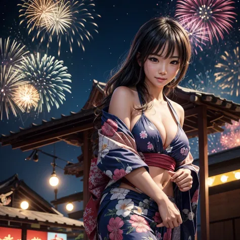 NSFW, sexy, a woman at a local summer festival dressed in a bikini while everyone else is wearing traditional yukata. She is confidently enjoying the festival, interacting with the stalls, and watching the fireworks in the sky. The scene is captured from a...