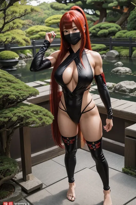 woman in sexy ninja outfit, black, standing near the wall, barefoot, muscular legs, huge breast, ninja mask, long red hair, bangs hair, traditional japanese hairstyle, japanese style garden, high detailed, realistic full-lenght photo, 4k