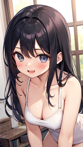 Highest quality, masterpiece, (Lean forward:1.4), 1 girl, Underarm, Cleavage, Expand your chest, Captivating smile, (blush:1.1),Big Breasts、Long black hair