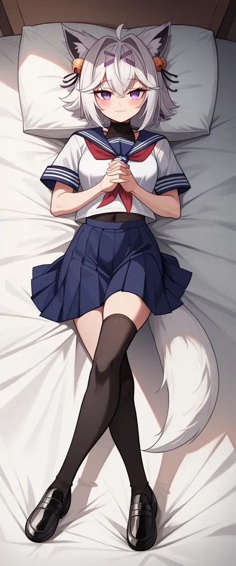 uhd, masterpiece, accurate, best quality, messy bed, 1girl, solo, filiansailor, fluffy fox tail, fox ears, white hair, short hai...