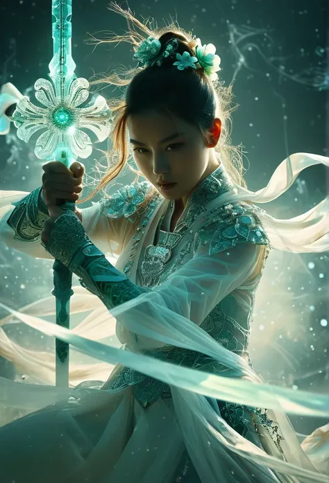 female swordsman jade fractal photography，atomic correct,raw, lenses, (clear focus:1.5), (reality:1.4), dusk lighting, volumetri...