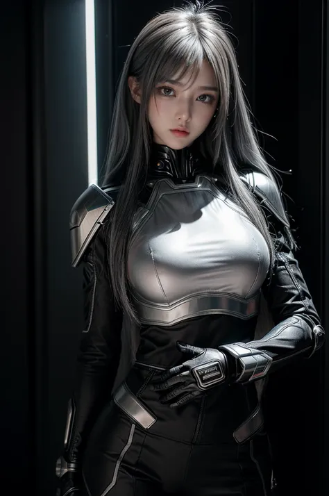 cyber angel,machine wing,{{Sci-Fi Armor}},cyber suit,cyberpunk,science fiction,cyber battle armor,Battledress,Military Uniforms,pants,black military uniform,whole body,Height: 168cm,almond shape eyes,{{{{{silver eyes}}}}},{{{{{dull bangs}}}}},(slanted eyes...