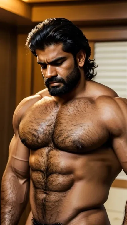 Male Character, handsome indian huge hairy bodybuilder muscular hunk with nice hairstyle and Pain is raging on the face, screaming with pain  and making aggressive face expressions with eyes closed, the head is tilted back, Beard, Sharp Jawline, Intense Ey...