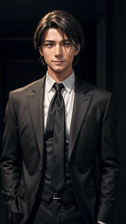 a Man standing with 30 years in black suit and black tie, slender face, facing forward, black hear, center-parted hairstyle, medium-length hair, Japanese, black background, mysterious smile, master of psychology, body and head straight in the photo, facing...